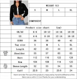 Size chart for women short jacket showing S to XL measurements in cm for EU and US standards