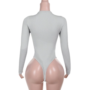 Detail showing the light grey ribbed knit texture and back seam of the bodysuit