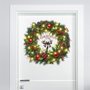 Christmas wreath wall sticker with pine needles, red berries and festive bows on a white door