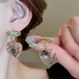 Elegant heart-shaped crystal drop earrings with green rectangular stone and gold base