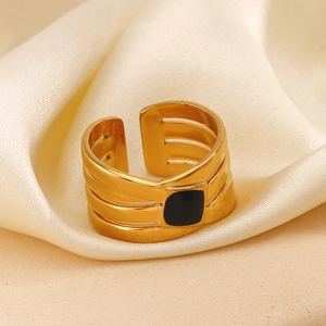 Golden titanium steel wide open ring with black square enamel and striped texture
