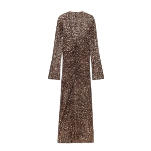 Elegant bronze sequin long dress with shoulder pads, V-neck and ruched waist detail