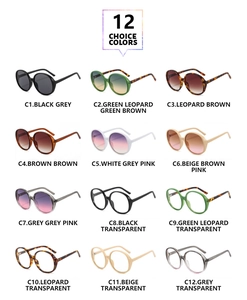 Detailed catalog showing twelve colorful round oversized frame sunglasses and glasses