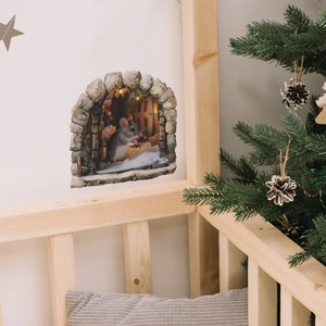 3D Christmas mouse hole wall sticker with realistic winter stone archway and snowy ground