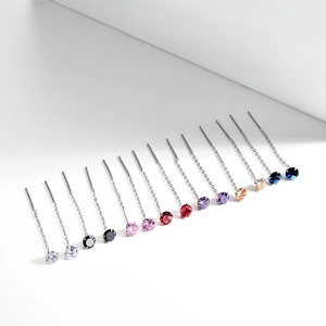 S925 sterling silver threader earrings with colorful cubic zirconia in multiple colors