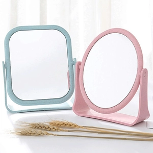 Square blue and round pink desktop makeup mirrors made of eco-friendly wheat straw
