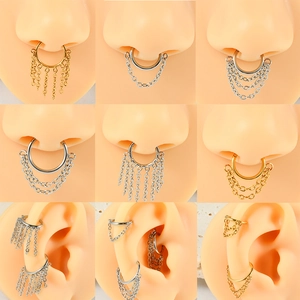 Detailed views of gold and silver nose rings with vertical chains and layered fringe designs
