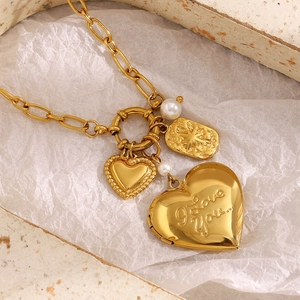 Stainless Steel Heart Locket Necklace 18K Gold Plated Engraved I Love You Multi Pendant With Shell Artificial Pearl For Women