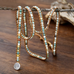 Bohemian multilayer wrap bracelet with natural colorful stone beads and tree of life charm
