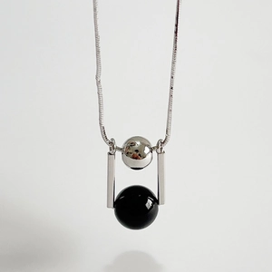 925 sterling silver necklace with black onyx beads and silver rectangular frame
