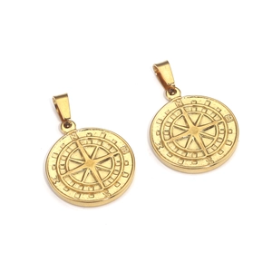 Detailed view of two golden compass pendants made of polished stainless steel for DIY necklaces