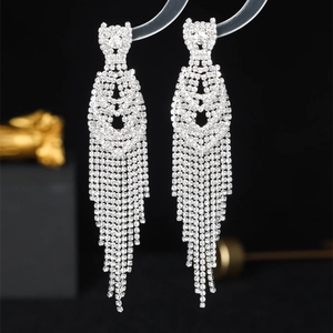 Luxurious silver long tassel drop earrings with sparkling rhinestones for bridal weddings