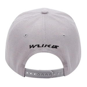 Classic grey baseball cap with black embroidered logo and adjustable plastic strapback