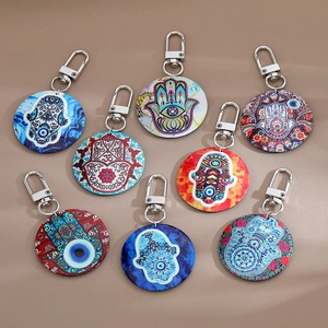 Hamsa Hand Evil Eye Keychain Round Mandala Printed Pendant Bohemian Ethnic Metal Snap Hook Vintage Charm