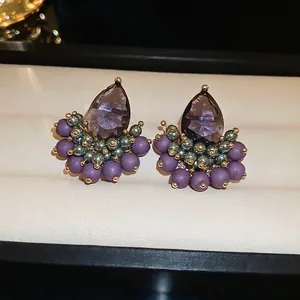 Sparkling silver needle purple waterdrop zircon earrings with vintage cluster beads