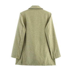 Back view of a light olive green linen-texture blazer featuring minimalist tailored seams