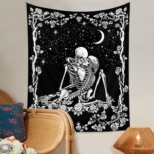 Detailed view of Gothic black and white tapestry with skeleton kiss and rose pattern
