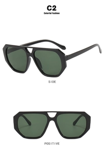 Detail view of bold black polygonal sunglasses with dark green lenses from multiple angles