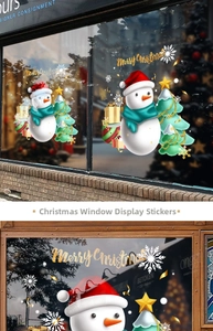 Detail of 3D snowman and Christmas tree static window decals with Merry Christmas text