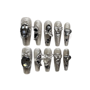 Gothic luxury dark butterfly press-on nails with marble texture and silver glitter