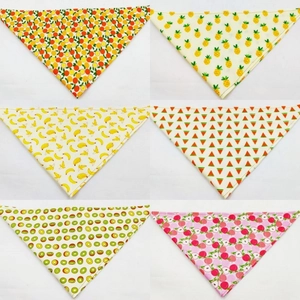 Set of six colorful fruit print cotton pet bandanas for dogs and cats in a grid display