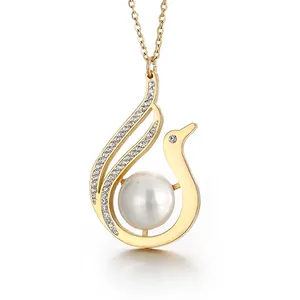 Elegant Gold Tone Stainless Steel Pendant Necklace With Faux Artificial Pearl And Zirconia Fashion Jewelry For Women
