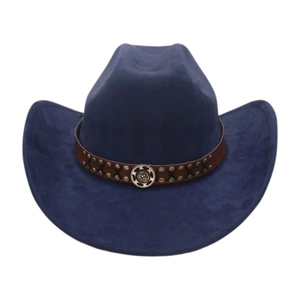 Detail of dark blue suede cowboy hat featuring studded leather band and gear buckle