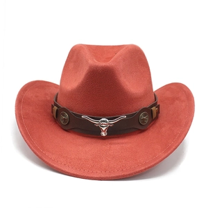 Chapeau De Cowboy Occidental Suédine Large Bord Style Américain Rétro Avec Tête De Taureau En Argent Et Bande En Cuir