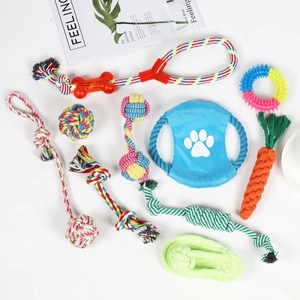 Detail view of 10-piece durable cotton rope dog toy set for teeth cleaning and interactive play