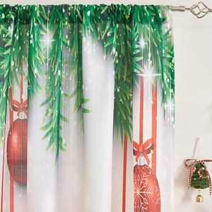Detailed view of Christmas curtain featuring red ornaments and green pine needle print