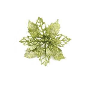 Detailed top view of a glittery light green Christmas flower ornament with pointed petals