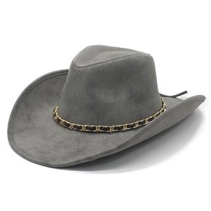 Dark grey western cowboy hat with gold metal chain band on a clean white background