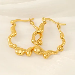 Boucles D'oreilles Créoles Vagues Irrégulières Acier Inoxydable Plaqué Or 18K Texture Métal Liquide Lave Pour Femmes
