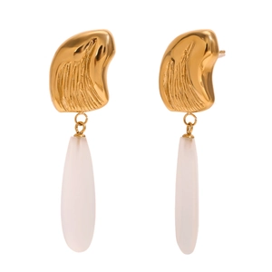Boucles d'oreilles vintage en acier inoxydable doré 18K avec pierres gouttes blanc laiteux