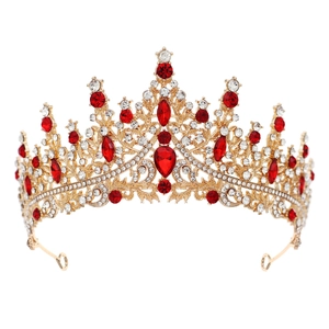 Baroque gold bridal crown with vintage red crystals and sparkling white rhinestones