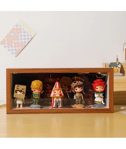 Detail of wooden display case with clear glass for storing and showing blind box figures