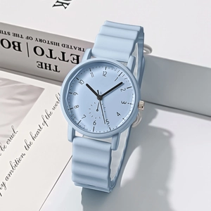 Fashionable light blue quartz watch with wavy silicone strap and minimalist round dial