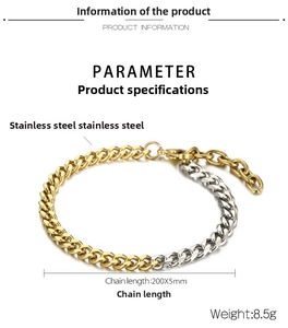 Detail view of two-tone stainless steel Cuban link bracelet with lobster clasp and sizing specs