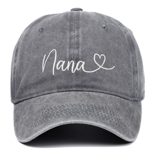 Vintage washed cotton baseball cap in grey black with white Nana embroidery and heart