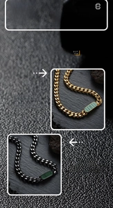 Detail view of titanium steel necklaces with green stone pendants in gold and black finishes