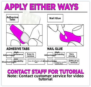 Comparison chart of adhesive tabs and nail glue for French pink rhinestone press-on nails