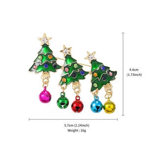 Christmas tree brooch with green enamel, multicolored rhinestones and small bells