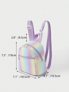 Detailed size specifications of rainbow quilted mini backpack with dimensions and side view