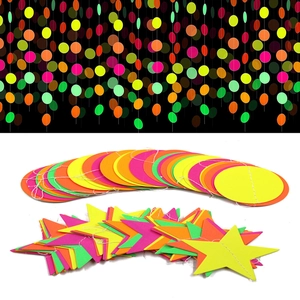 Detailed view of colorful star and circle paper garlands for party event decorations
