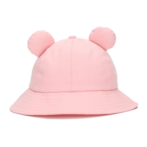 Pink cotton baby sun hat with cute 3D cartoon frog ears, flat lay view on white background