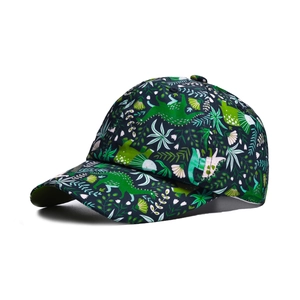 Detailed close-up of quick-dry dinosaur print baseball cap with floral accents