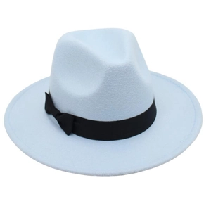 Detail of baby blue fedora hat featuring a black grosgrain ribbon and bow decoration