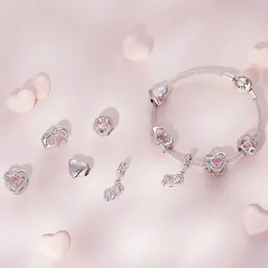 Pink heart 925 sterling silver charm bracelet with Forever Family engraved clasp