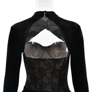 Detail of long sleeve black lace corset dress featuring high neck and open back design