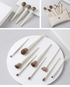 Detailed set of 10 beige makeup brushes with brown bristles and leather snap case